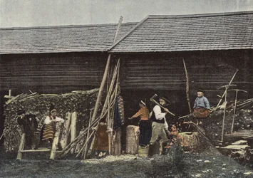 Außenansicht eines Hauses in Dalekarlien, Schweden